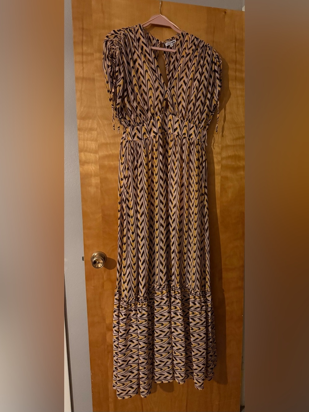Geometric brown, pink and black long dress.